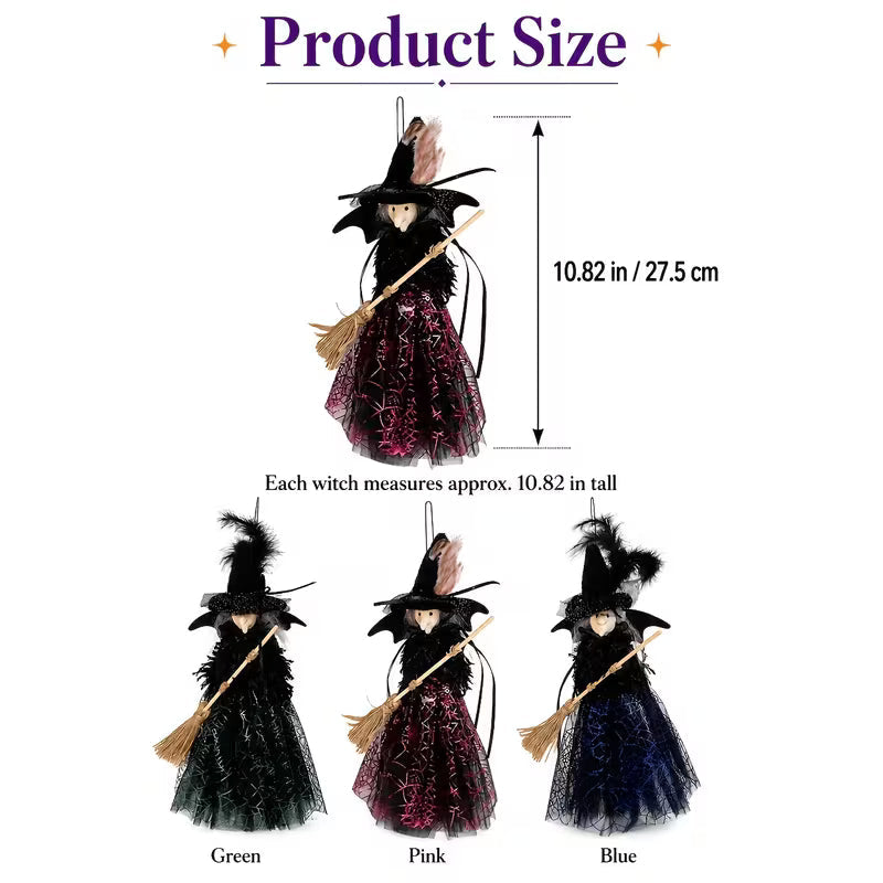 3pcs Gothic Witch Ornament with Faux Feather Hat & Shimmering Spiderweb Dress