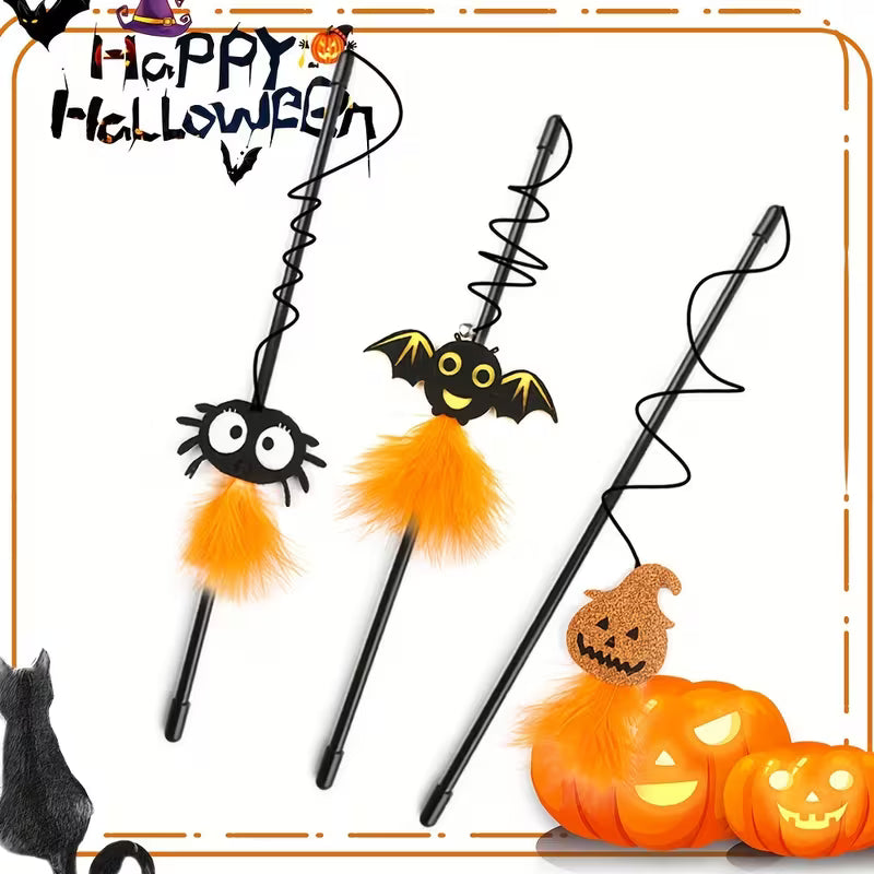 Halloween Design Cat Teaser Toy - Pumpkin Bat Artificial Feather Set, Plastic