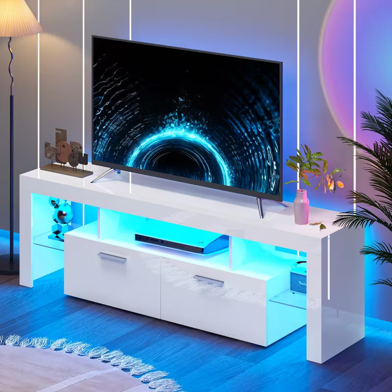 High Gloss White TV Stand with LED Lights for 55/65/75/80 Inch TVs