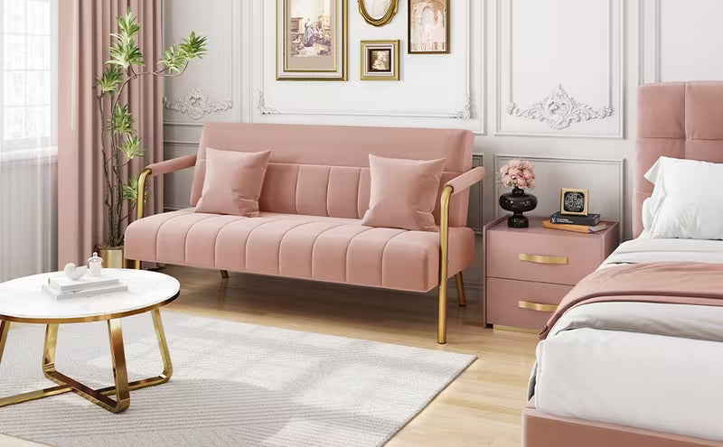 Costoffs Velvet Fabric Sofa Couch, 56.5″ W Modern Loveseat Couch with Gold-tone Metal Arms