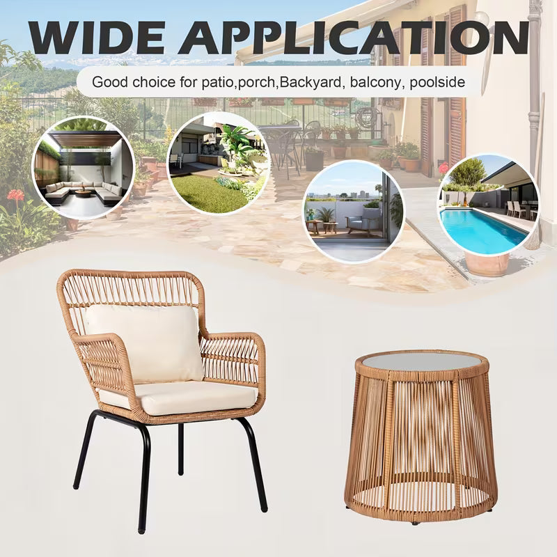 Boho Outdoor Small Patio Furniture Chair Set, Glass, Beige
