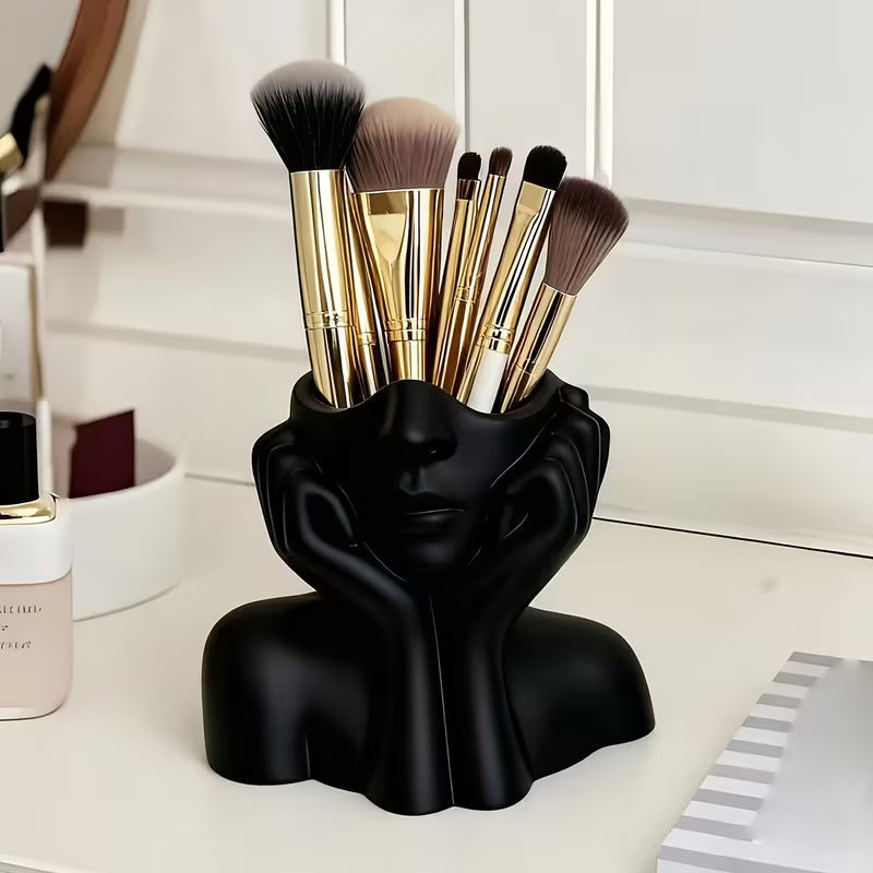 1pc Artistic Face Bust Plastic Kitchen Utensil Holder • Black/White Countertop Storage Caddy •