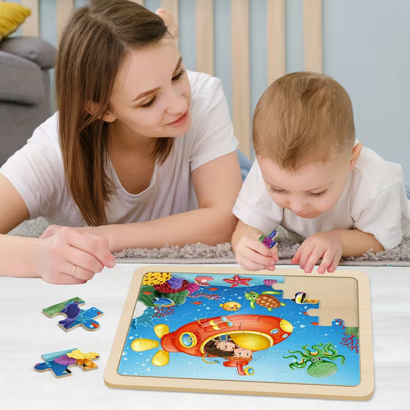 Large Animals Wooden Puzzles 4*24-Piece for Kids 4-in-1 Gift Box