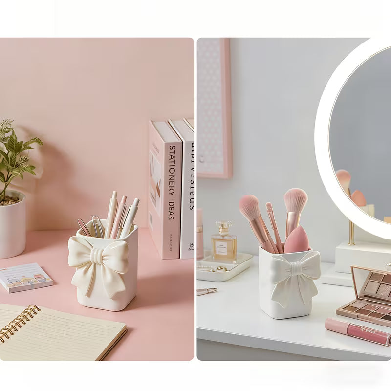 White Bow Pen Holder - Desktop Organizer Set, White
