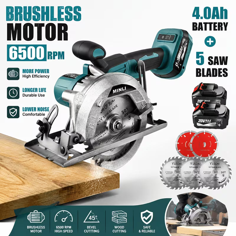 Inch Brushless Cordless Circular Saw, 6500 RPM Electric Power Saw, Wood
