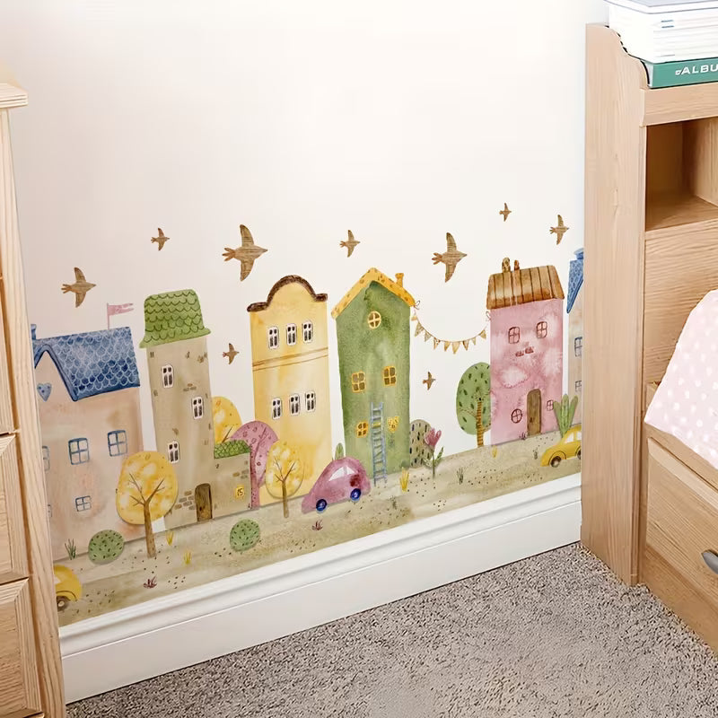 1pc Hand-Painted Tale Town Wall Sticker, Cozy Building Scenery Stickers for Room Baseboard