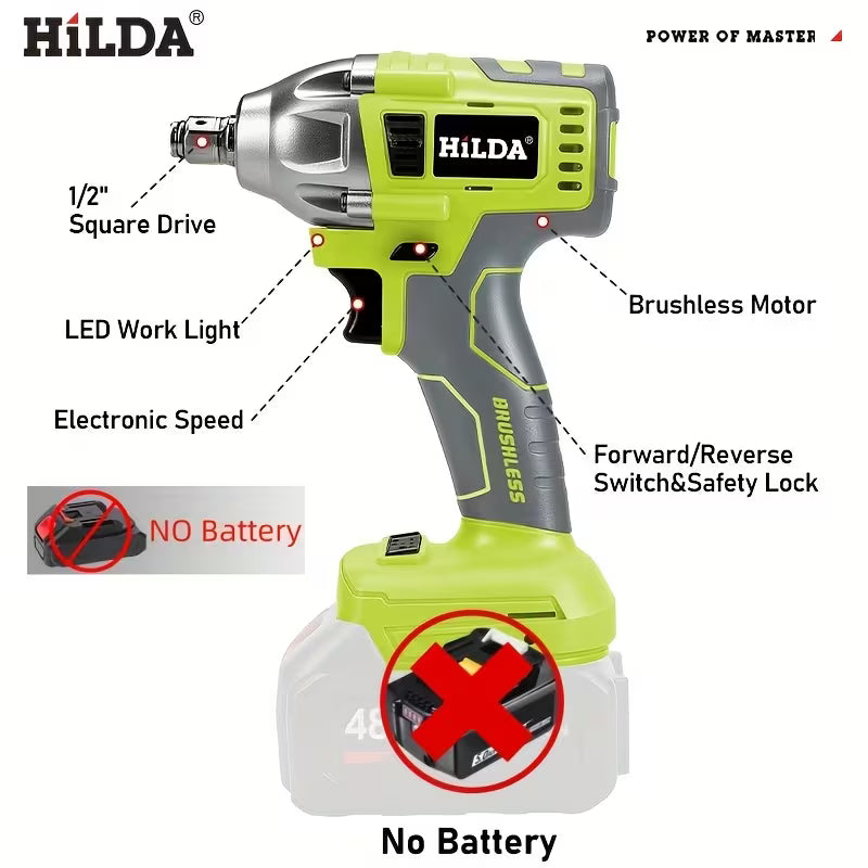 HILDA Green Cordless Impact Wrench, Designed for Makita 18V Batteries