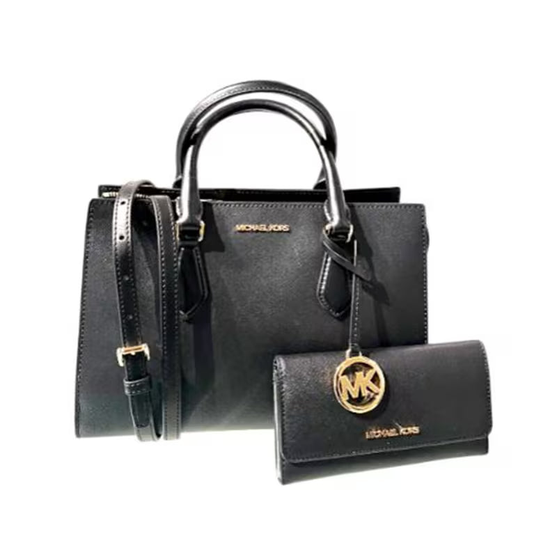 Michael Kors Medium Satchel Handbag Purse Messenger Crossbody+Wallet black leather kit Valentine's