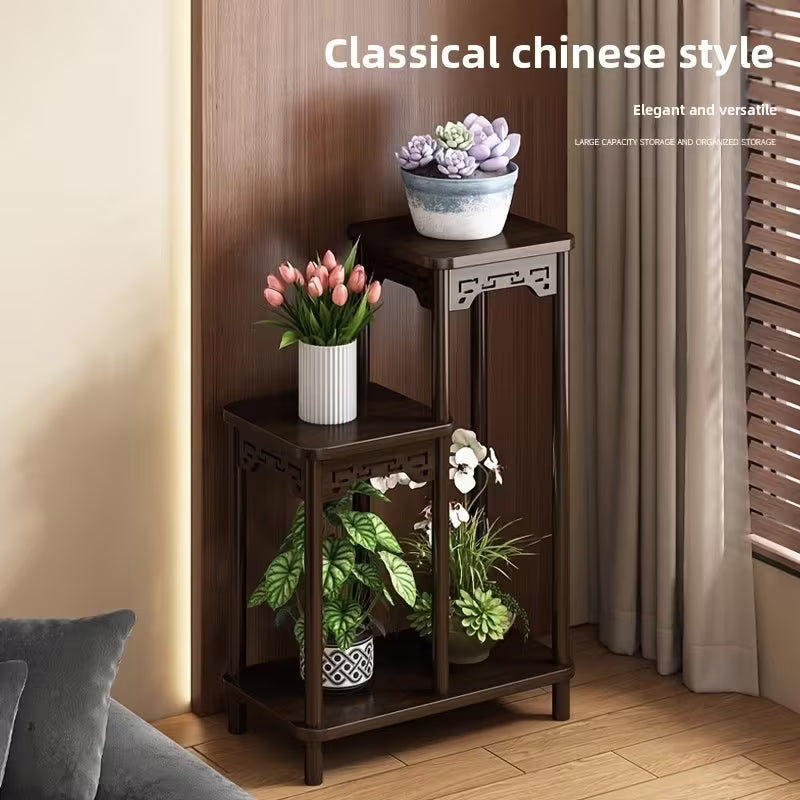 Traditional Chinese Floral Stand - Multi-Tier Shelf with Sturdy Wide Base