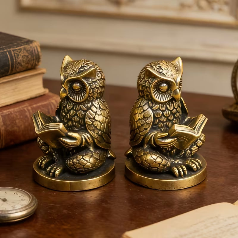 European Vintage Brass Wisdom Owl Reading Ornament, Seated Reading Owl Statue