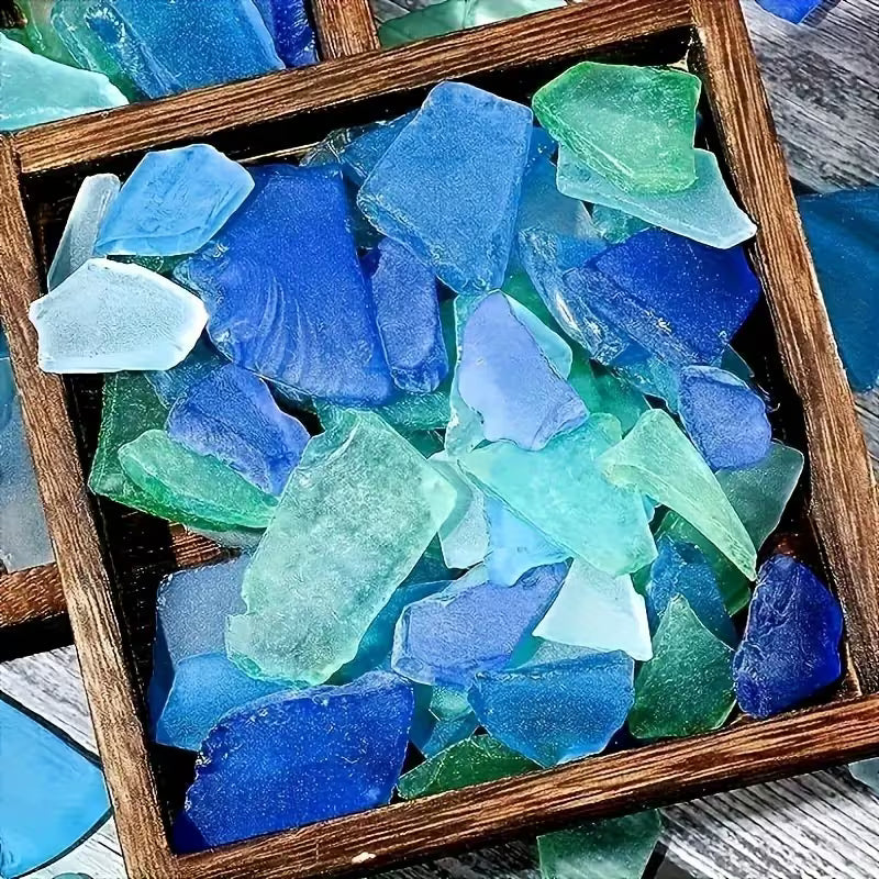 Sea Blue Glass Shards, Handmade Ornaments, Light Frosted, Glass, Blue
