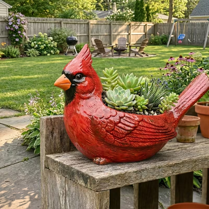 Cardinal Bird Fleshy Potted Plant, Resin Red Bird Flower Pot with Drainage Hole