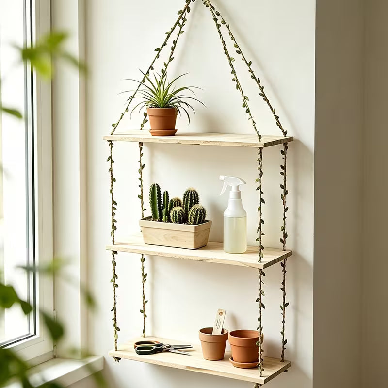 Pc Bohemian Farmhouse Leaf Rope Hanging Shelves Faux, Wood