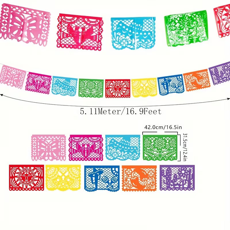 Colorful Papel Picado Banner for Mexican Celebrations, 18 Feet Long, Made of Plastic
