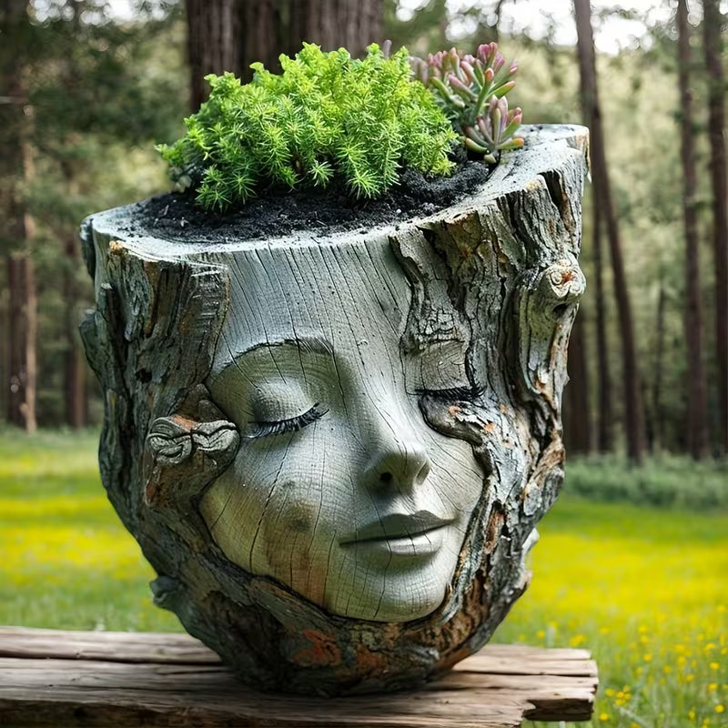 Handcrafted Resin Girl Face Flower Pot - Rustic Set, Resin