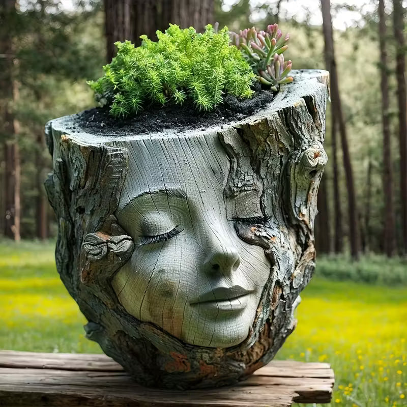 1pc Handcrafted Resin Girl Face Flower Pot - Rustic Wood Texture Design, Irregular Shape