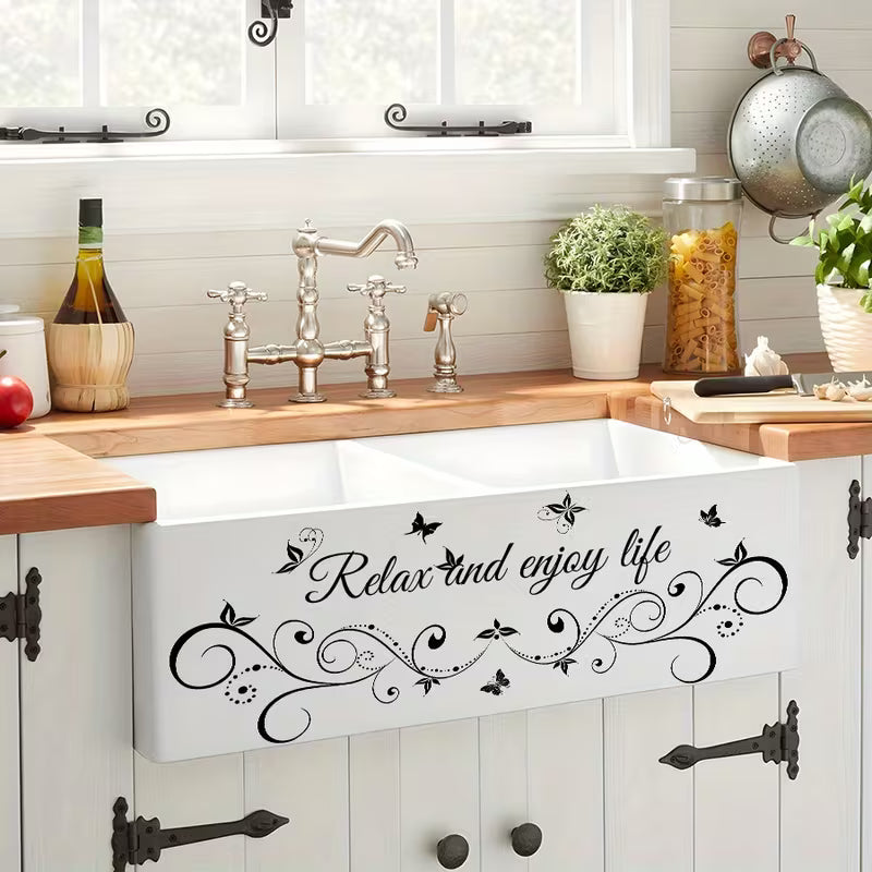 BRUP Relax and Enjoy Life Wall Decal with Black Butterflies & Florals - Waterproof Peel &