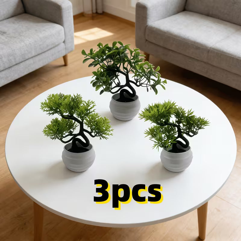 3 Pots - Artificial Fresh Green Plant Pots - Includes White Plastic Pots, Perfect for Indoor