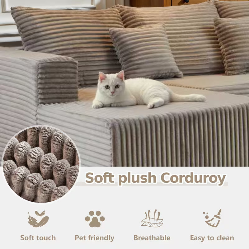 Large Sectional Cloud Couch. Modular Corduroy Sofa Bed With Deep Seat.U-Shaped Boneless Sofa