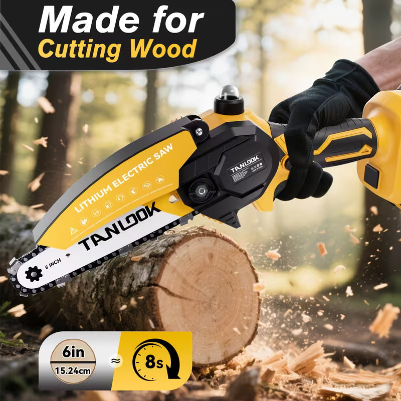 Mini Chainsaw 6-Inch Cordless Battery Indicator- Handheld Electric Battery Powered Hand Chainsaw