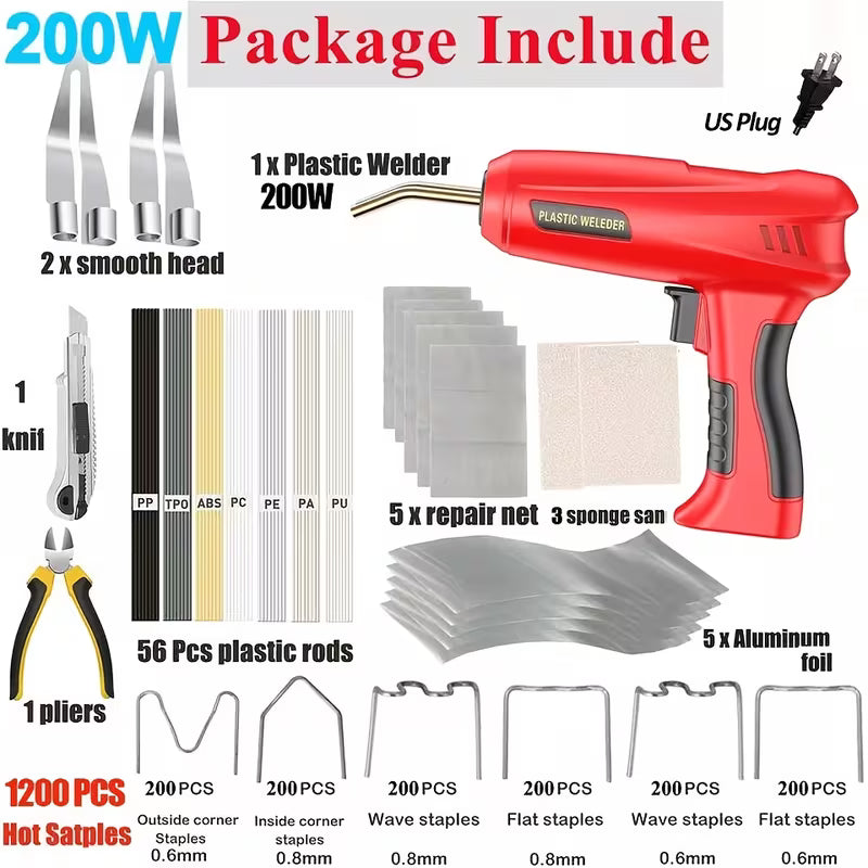 200W Hot Stapler Car Bumper Fender Welder Gun Plastic Repair Kit 1200 Staples, Plastic Welding Kit