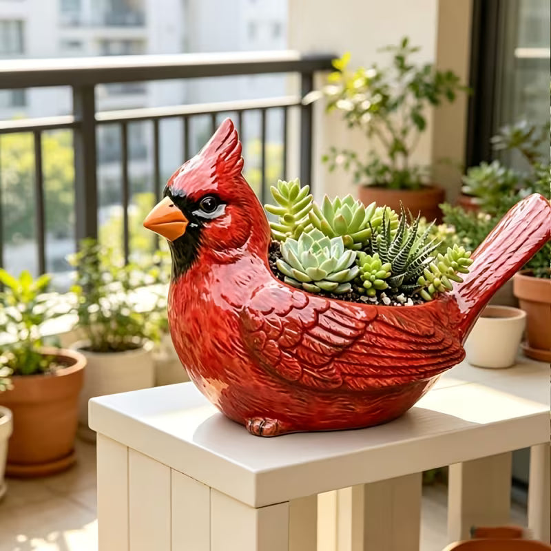 Cardinal Bird Fleshy Potted Plant, Resin Red Bird Flower Pot with Drainage Hole