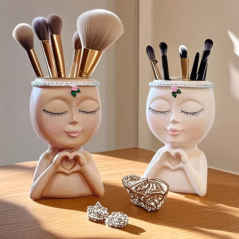 1pc Abstract Figure Sculpture Face Makeup Brush Holder, Vanity Desktop Brush Pen Cup Organizer
