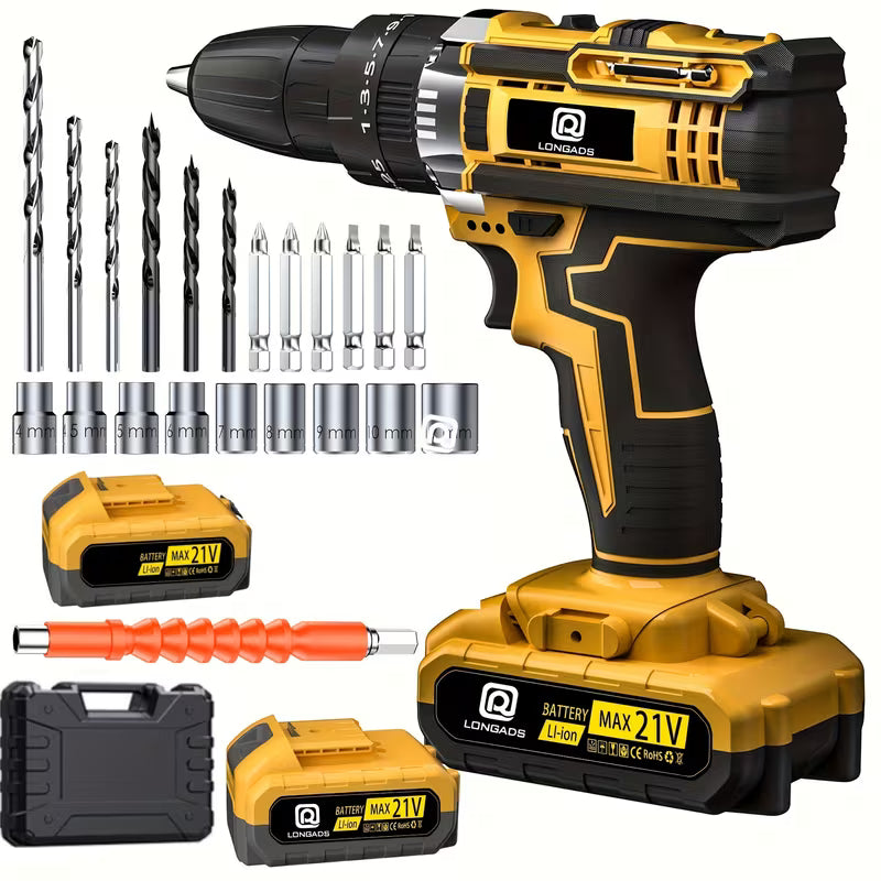 20/21V Cordless Drill/Driver Kit, 2 Speed, Keyless 3/8" Chase Drill with LED Light