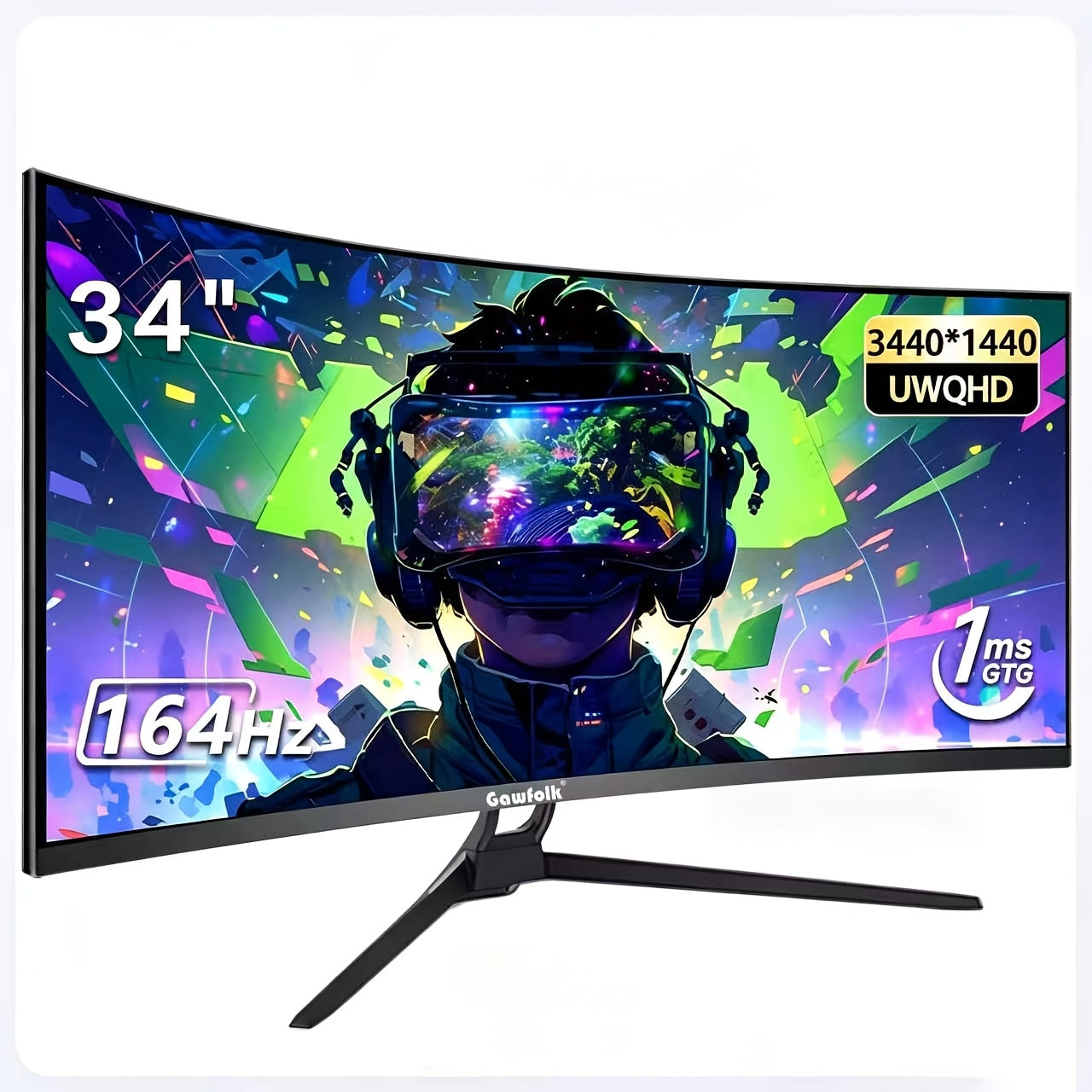 Gawfolk 34 Inch PC Screen, 4K 164Hz Gaming Monitor, 3440*1440, Black
