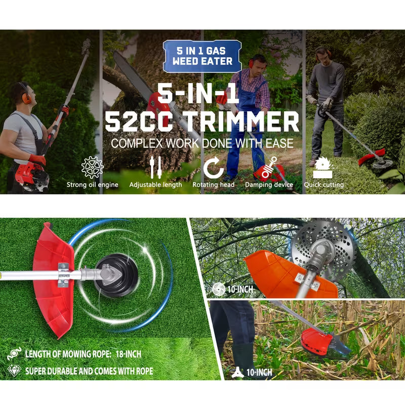 52cc 5-in-1/3-in-1/4-in-1 Gasoline Brush Cutter/Weeder/Trimmer/High Branch Saw, 52cc 2-stroke