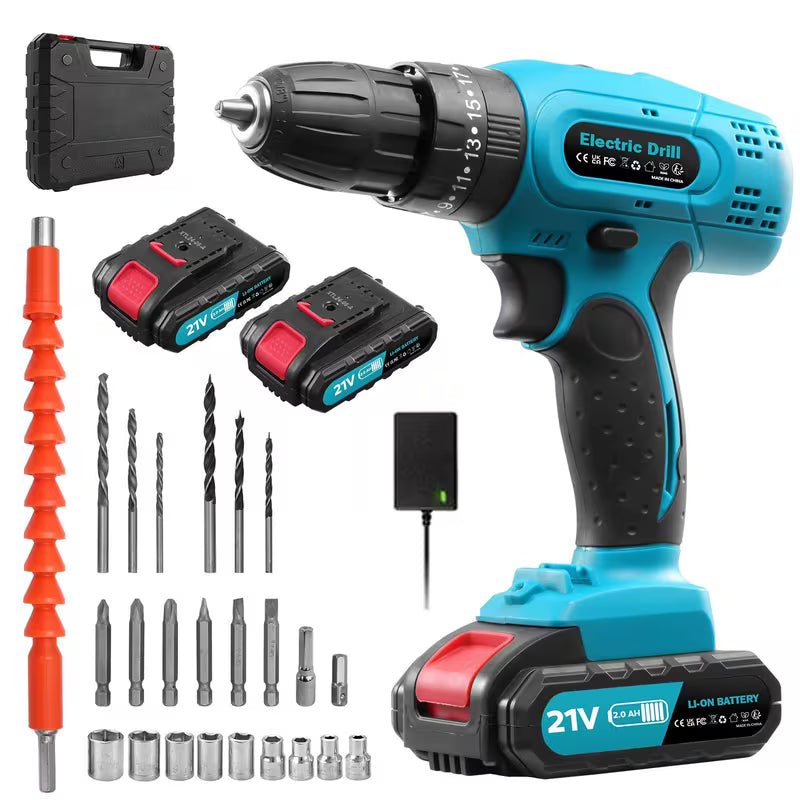 Cordless Drill Driver, 21V Electric Drill Screwdriver Kit, Blue