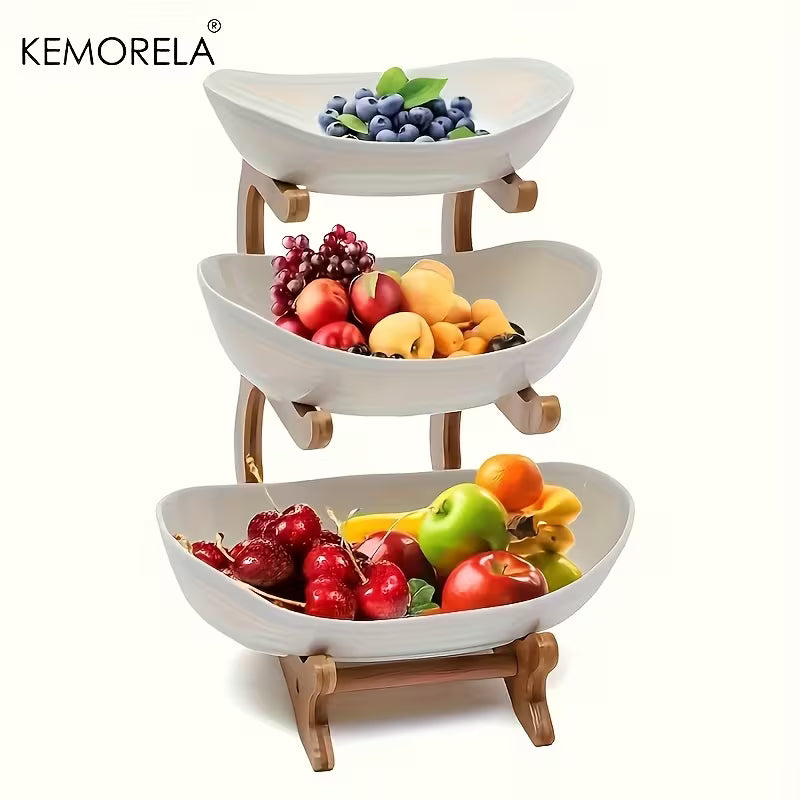 KEMORELA 3-Tier Wooden Fruit and Vegetable Basket, Wooden