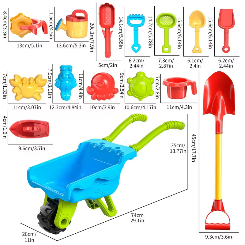 BABY HOME Outdoor Beach Wheelbarrow Cart Toy Set Includes Sand Shovel