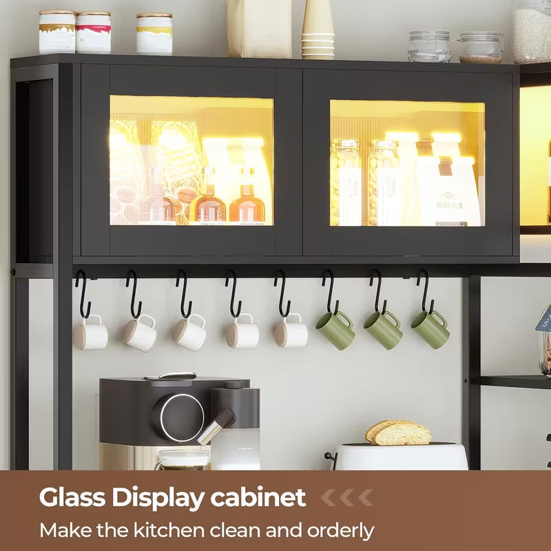 Bakers Rack with LED Light, 45.3" Farmhouse Coffee Bar Cabinet