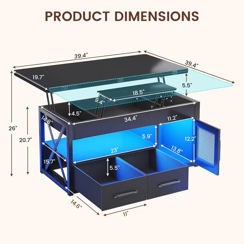 39.4" Lift Top Coffee Table, Black