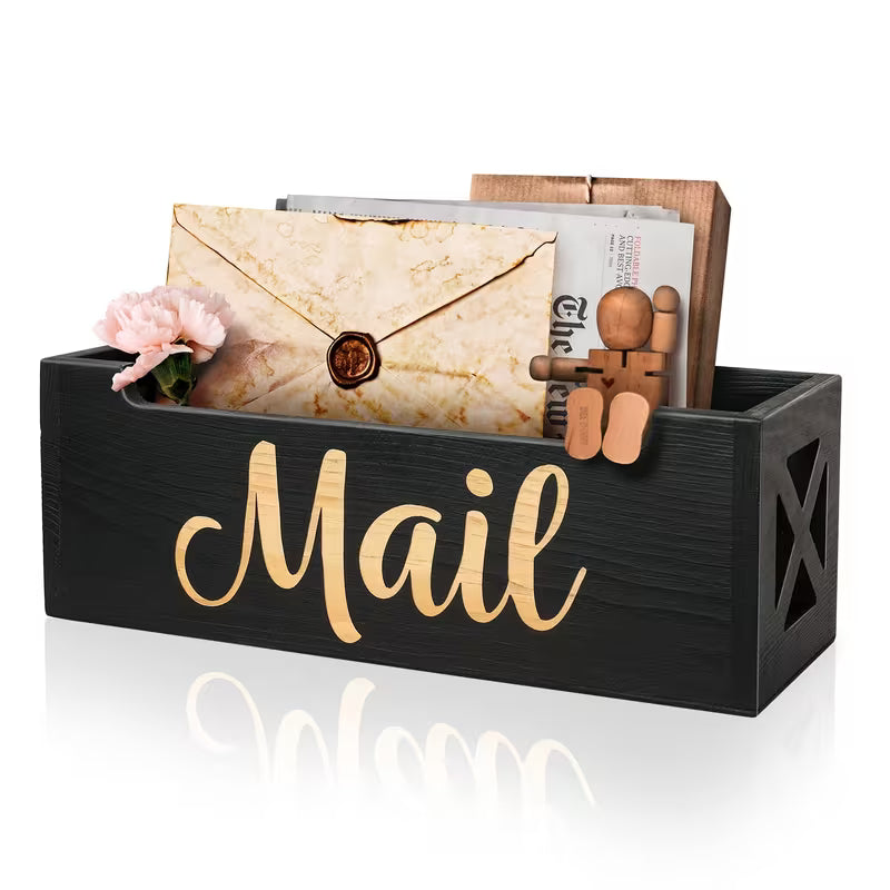 Wooden Mail Holder Storage Organizer Box Rustic Brown Wood with MAIL Script Design, Desktop