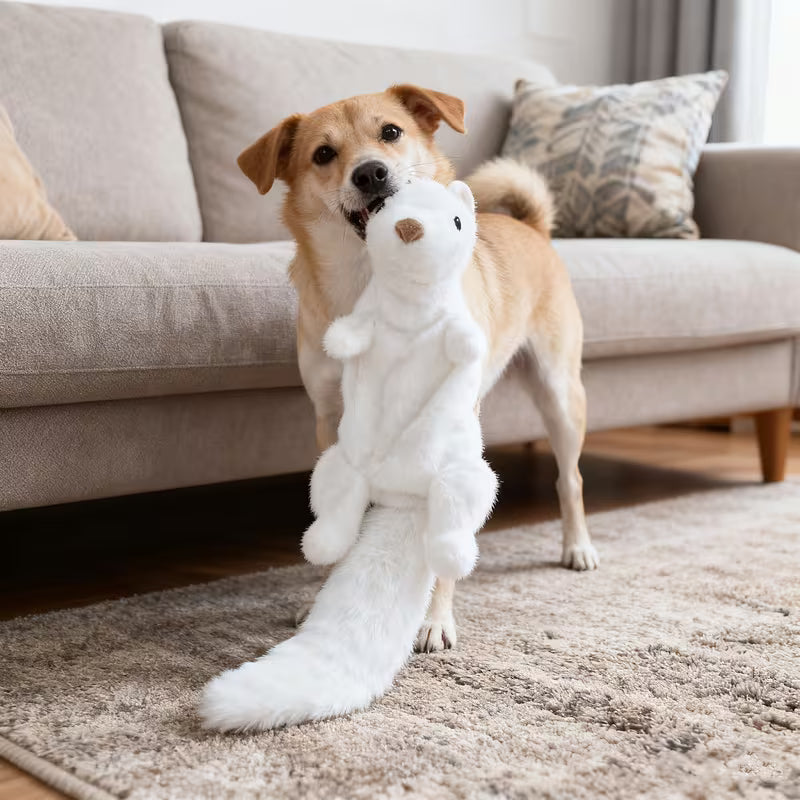 Interactive Plush Chew-Resistant Squeaky Dog Toy, White Mink, White