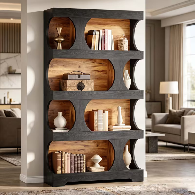 4-Tier S-Shaped Bookcase - Modern Wood Bookshelf with Wide Shelves & Curved
