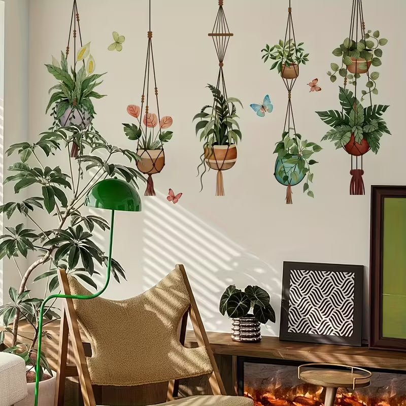 1pc DIY Green Hanging Potted Wall Stickers Plant Vine Wall Decals Peel and Stick Leaves Boho Wall