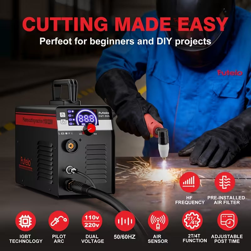 Futelo 55A Dual Voltage Plasma Cutter, 110V/220V, LED Display, Contact Pilot Arc, IGBT Inverter