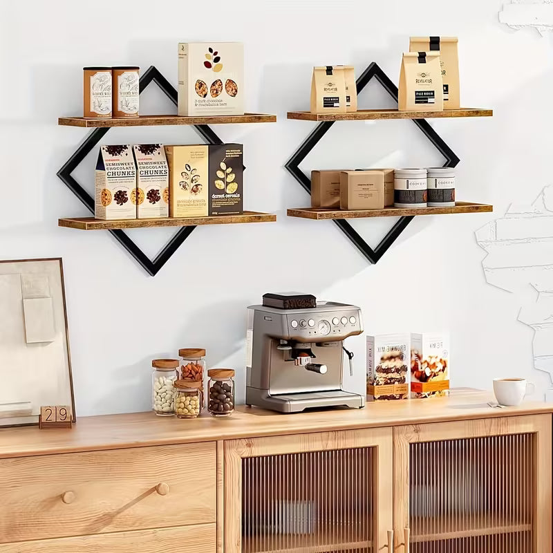 2/4pcs Double Layer Geometric Diamond Wall Floating Shelf Decorative Industrial Hanging Metal Wire