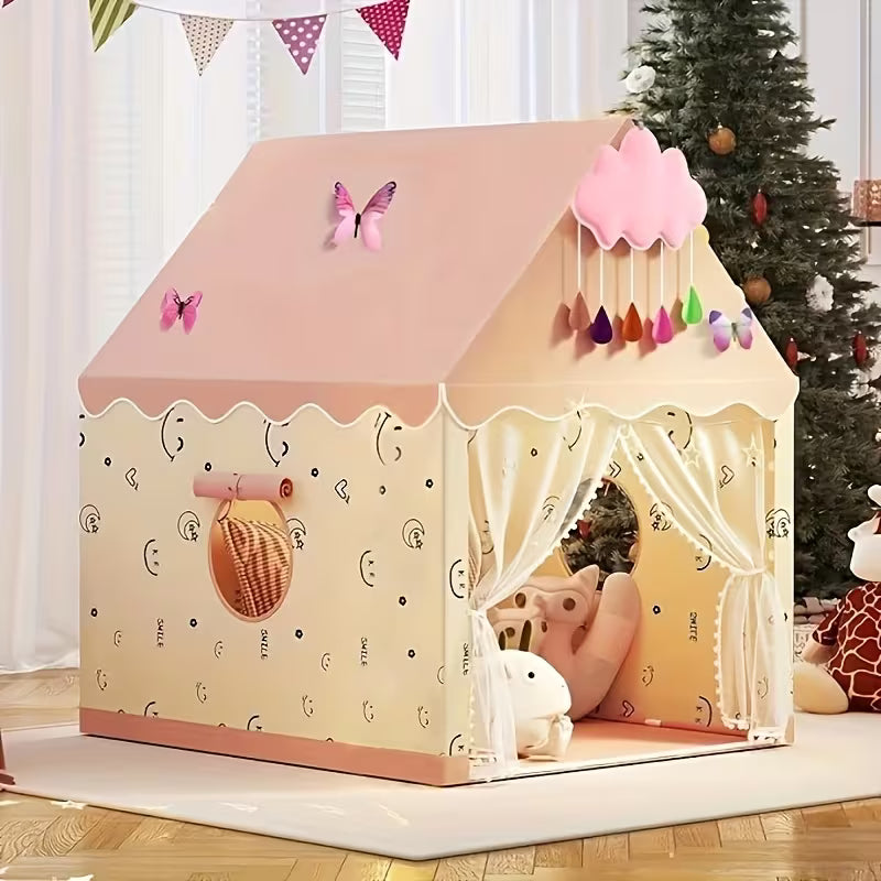 Smiling Face Pink Beige Tent with Clouds and Butterflies