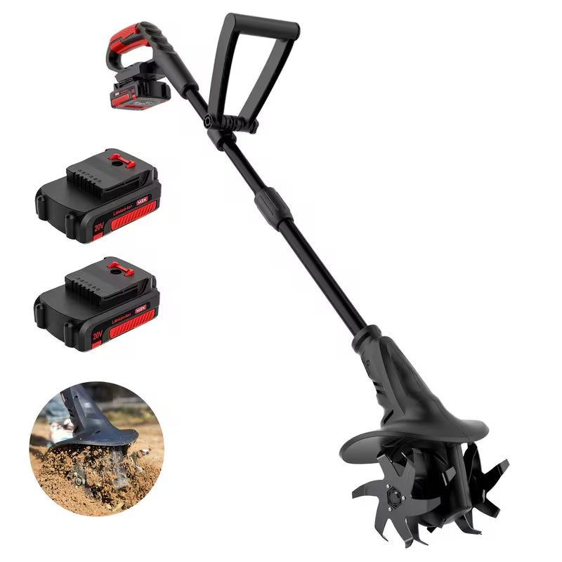 MZK 20V Cordless Tiller Cultivator with Steel Tines, 10-inch Wide Battery Powered Garden Cultivator