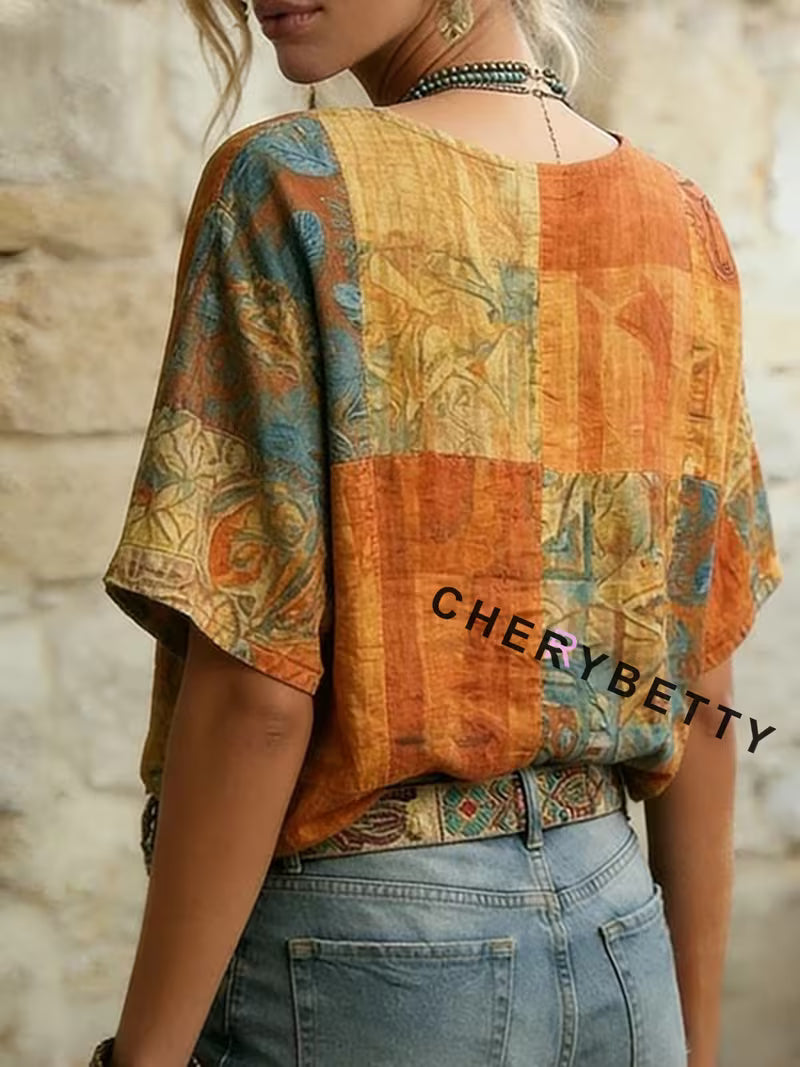 CHERRYBETTY Retro Orange Dragonfly and Floral Print V Neck Top for Women