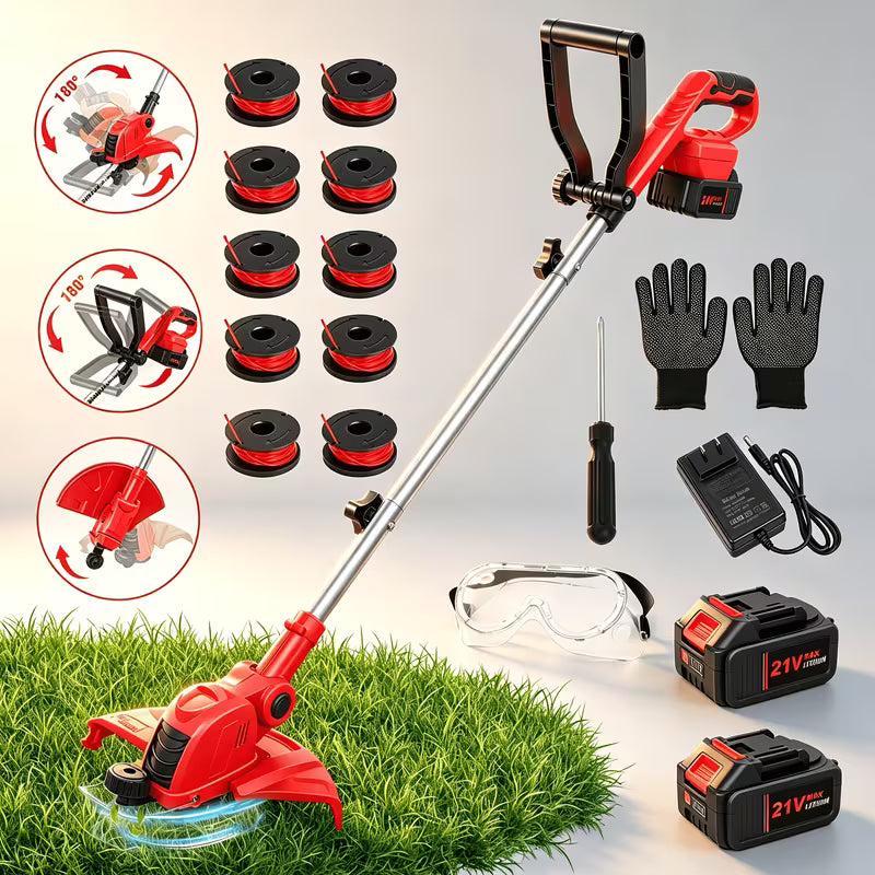 21V 2-In-1 Cordless String Trimmer And Lawn Edger, 90° Rotatable Head with Edging Wheel