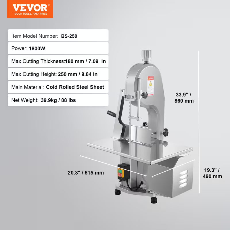 VEVOR 650W/1800W Commercial Electric Meat Bandsaw Stainless Steel Bone Sawing Machine