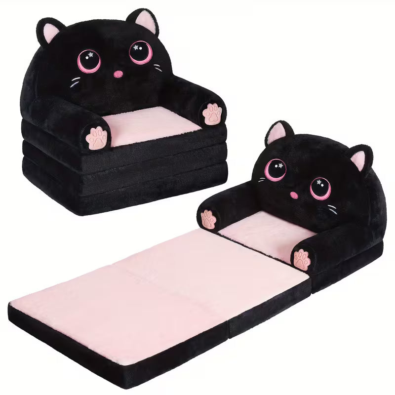 Kids Sofa 2-In-1 Foldable Velvet Memory Foam Chair Black Pink Cat Lounger for Reading Relaxing