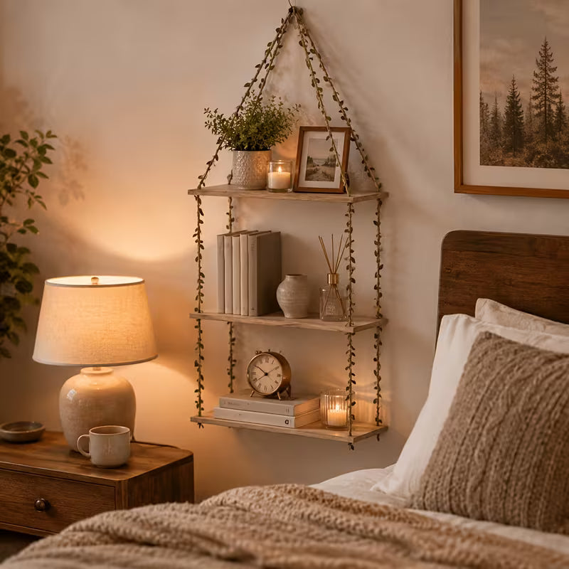pc Bohemian Farmhouse Leaf Rope Hanging Shelves Faux Rattan Three-Tier Hanging Wood Floating