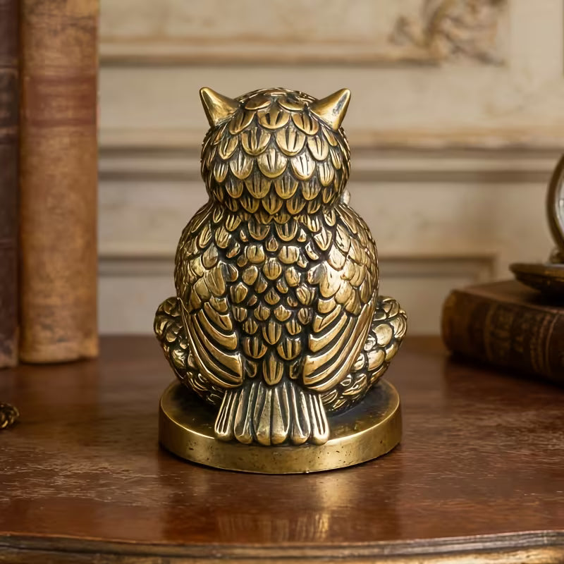 European Vintage Brass Wisdom Owl Reading Ornament, Seated Reading Owl, Brass