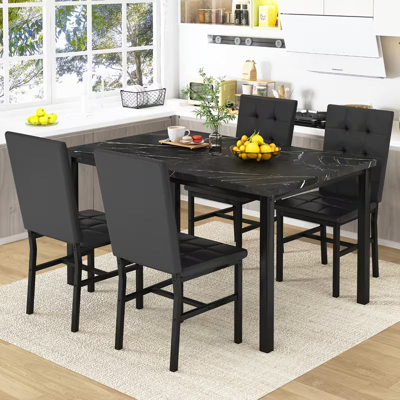 Modern 5pcs Faux Marble Dining Table Set with Upholstered PU Leather Chairs